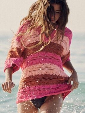 ZARA Oversized Crochet Knit Polo Sweater Top Swim Cover Up Pink Brown Coral L XL
